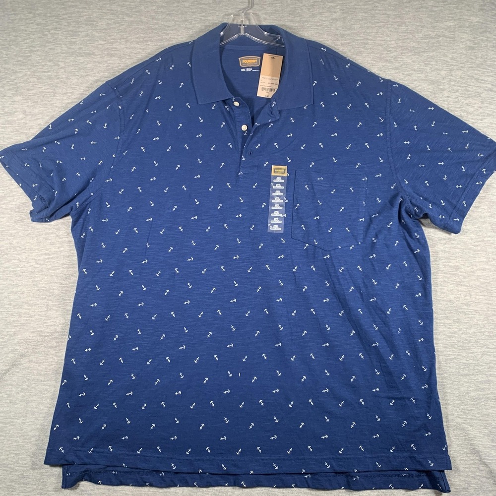 The Foundry Supply Co Polo Shirt Mens 3XL Blue Anchor‎ Print Big Tall Pocket